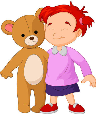 Girl cartoon hugging a big teddy bear toyのイラスト素材