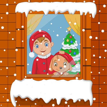 Little boy and dog looks out the window on falling snowのイラスト素材