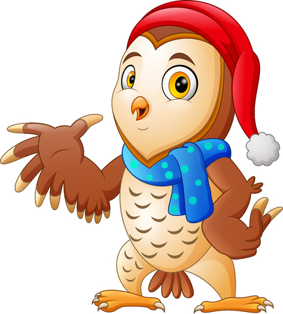 Cartoon Christmas owl presentingのイラスト素材