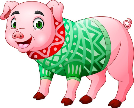 Cute pig cartoon wearing winter clothesのイラスト素材