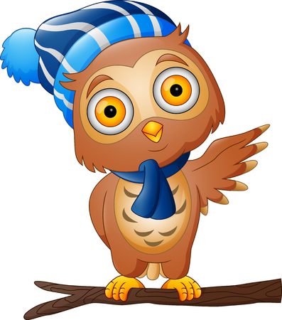 Cute Cartoon owl in a hat and scarf on tree branchのイラスト素材