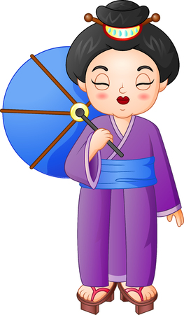 Japanese woman wearing traditional kimono holding an umbrellaのイラスト素材