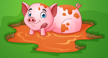 Cartoon pig playing a mud puddle in the farmのイラスト素材