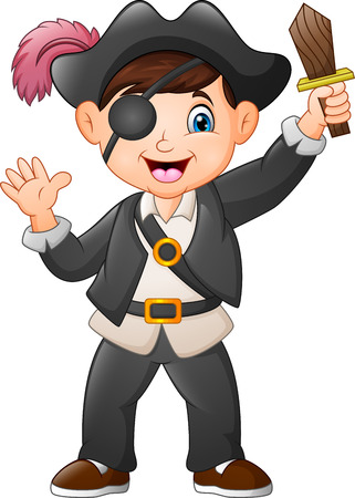 Cartoon pirate boy holding a wooden swordのイラスト素材