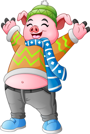 Cartoon happy pig in winter clothesのイラスト素材