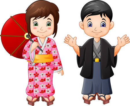 Cartoon Japanese boy and girl in traditional uniformのイラスト素材