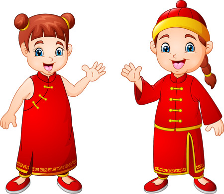 Cartoon cute boy and girl in chinese costumeのイラスト素材