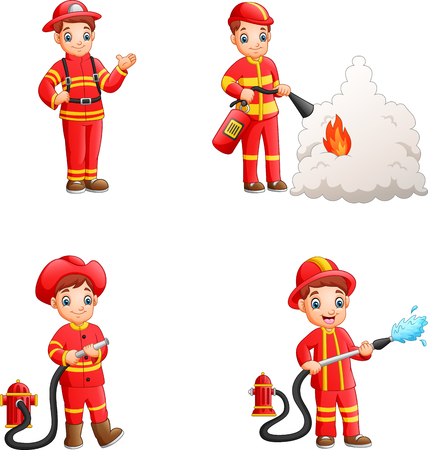 Cartoon firefighters collection with different action posesの写真素材