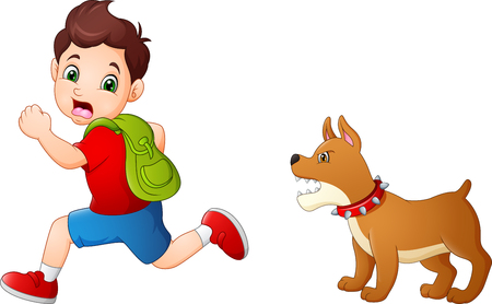 Cartoon schoolboy running away from angry dogのイラスト素材