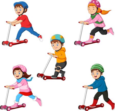 Kids learn to ride scooterのイラスト素材