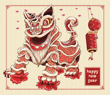 Happy chinese new year lion dance lanterns and flowers illustration by line art vector color on background asia patternのイラスト素材