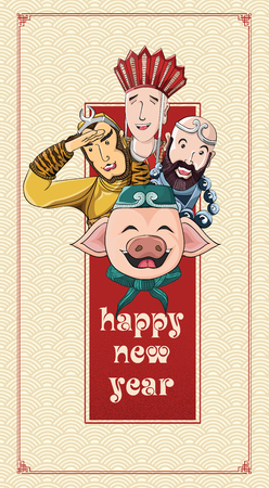 Happy chinese new year with journey to the west characters, year of the pig 2019のイラスト素材