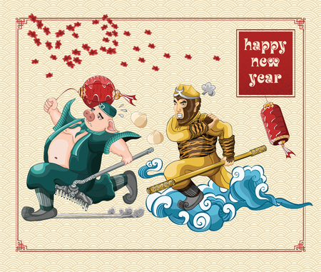 Happy chinese new year with journey to the west illustration on background new year, year of the pig, wukong run and angryのイラスト素材