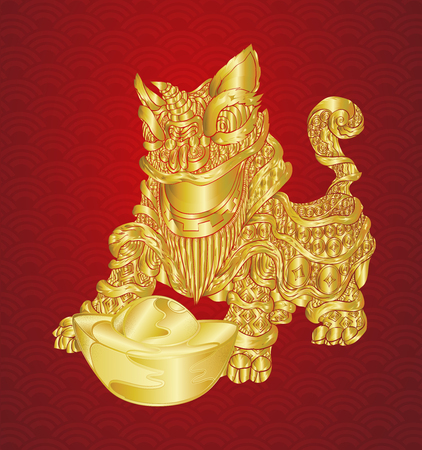 Happy chinese new year with lion and ingots with line art gold texture illustrationのイラスト素材