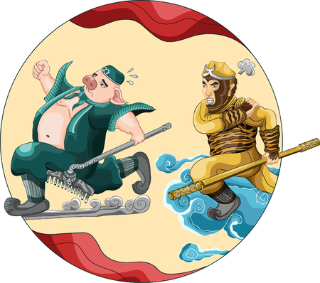 Zhu Bajie run fast monkey king sun wukong with line art color style on background new yearのイラスト素材