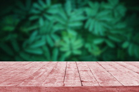 Empty Wooden Deck Table With Foliage Bokeh Background . wood table in front can be used for display...