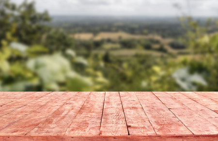 Mockup Empty Wooden Deck Table With Foliage Bokeh Background . wood table in front can be used for display or montage your products.Mock up for display of productの写真素材
