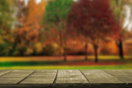 Empty Table Top Autumn Background. wood table in front can be used for display or montage your...