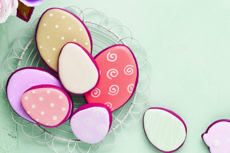 Easter Baking Background Easter Multicolored Gingerbread Candy Confectionery Topping Dressing Blue...
