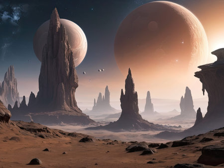 Fantasy alien planet. Mountain. 3D illustration. Moon.の写真素材
