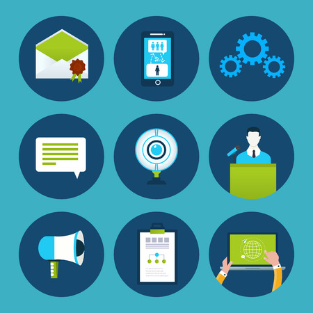 Vector conference icons in flat style - megaphone and microphone, public speaker, webcam, laptop, message, email, mobile web conferencing backgroundのイラスト素材