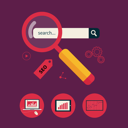 Flat design modern vector illustration concept of website analytics and SEO data analysis using modern electronic and mobile devicesのイラスト素材