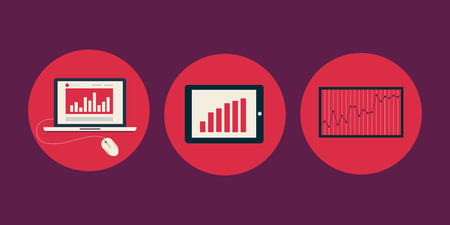 Vector flat icons of charts and graphs of growth on electronic devicesのイラスト素材