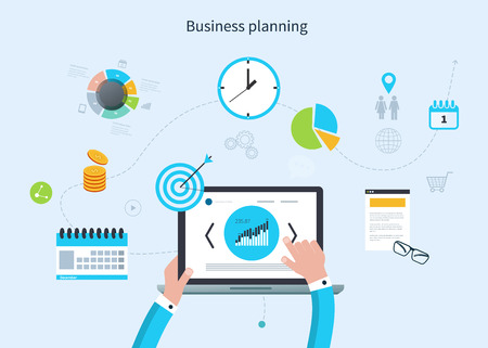 Flat design vector illustration infographic concept with icons set of modern business working elements, market research, finance paperwork objects and financial planningのイラスト素材