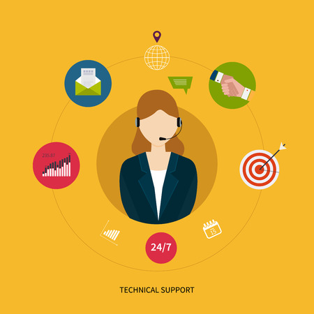 Customer technical support service. Representative young woman with headphone surrounded by flat iconsのイラスト素材
