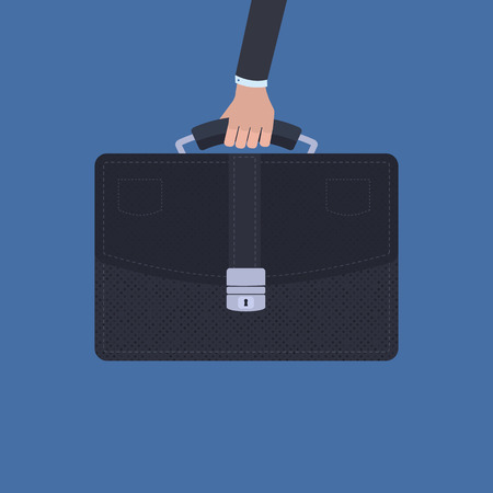 Vector business concept in a flat style - hand holding a briefcase over blue backgroundのイラスト素材