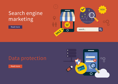 Set of flat design vector illustration concepts for data protection and search engine marketingのイラスト素材