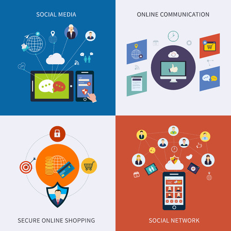 Icons for social network, social media, online communication and secure online shopping in flat design.のイラスト素材