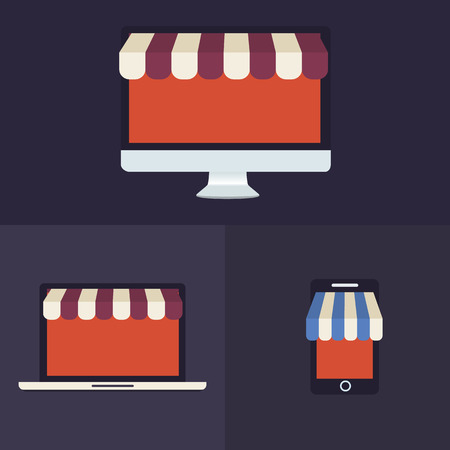 Flat web design icons for online shopping. Computer, laptop and smartphone vector icons.のイラスト素材