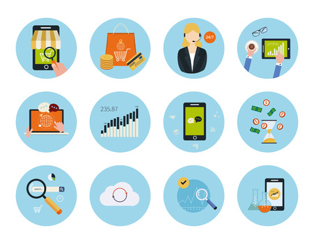Set for web and mobile applications of mobile marketing, pay per click, social media, website analytics, seo, technical support concepts items icons in flat designのイラスト素材