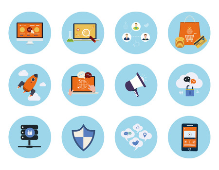 Set for web and mobile applications of mobile marketing, pay per click, social media, website analytics, seo, technical support concepts items icons in flat designのイラスト素材