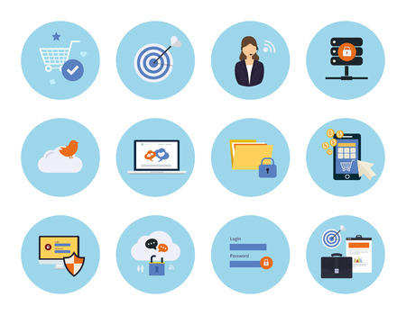 Set for web and mobile applications of social media, data protection, mobile marketing, pay per click, internet security, market research concepts items icons in flat designのイラスト素材
