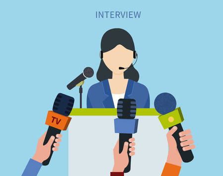 Woman politician or businesswoman answering press questions in front of journalists holding microphonesのイラスト素材