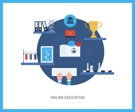 Flat design modern vector illustration icons set of online education and e-learning. Online course from universities and colleges proposes video-on-demand, forum, communication.のイラスト素材