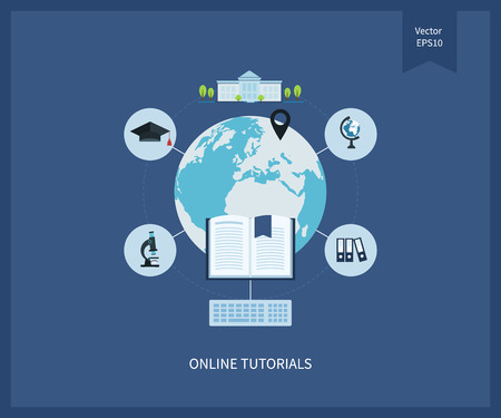 Flat design modern vector illustration icons set of online education and e-learning. Online course from universities and colleges proposes video-on-demand, forum, communication.のイラスト素材