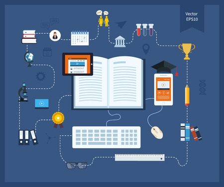 Flat design modern vector illustration icons set of distance education and e-learningのイラスト素材