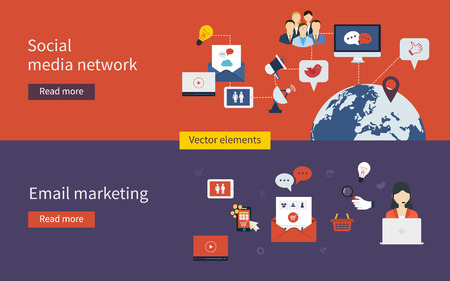 Set of flat design vector illustration concepts of online shopping, social media network, mobile marketing and digital marketing.のイラスト素材