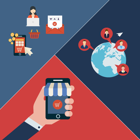 Set of flat design concept icons for web and mobile phone services and apps. Icons for mobile marketing, pay per click and secure online shoppingのイラスト素材
