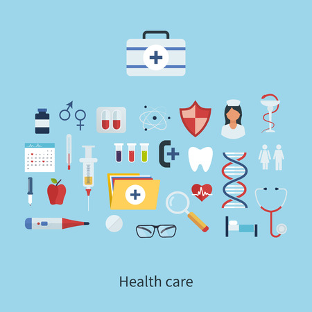 Flat health care and medical research background. Healthcare system concept.のイラスト素材