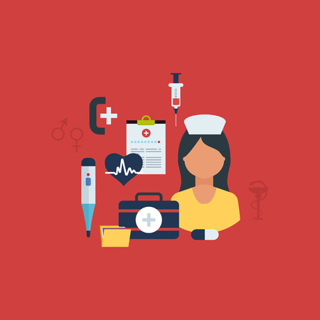 Flat health care and medical research background. Healthcare system concept. Nurse and medical tools iconsのイラスト素材