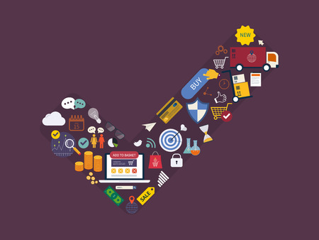 Full circle of market research, advertisement, online shopping, e-commerce service, payment and delivery. All elements are presented as symbol yes. Concept leads to success.のイラスト素材