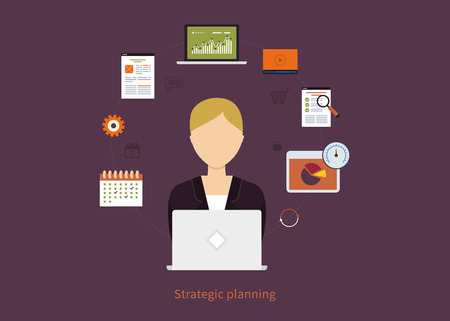Concept of consulting services, project management, time management, marketing research, strategic planning. All elements are around icon of businesswomanのイラスト素材