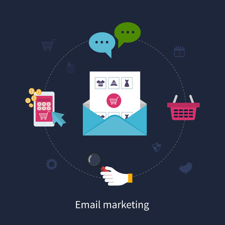 lat design modern vector illustration icons set of email marketing, online shopping and mobile marketing. Vector illustration of subscribe and wide range products.のイラスト素材