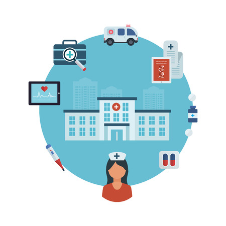 Flat design modern vector illustration concept for healthcare, medical center and hospital buildingのイラスト素材