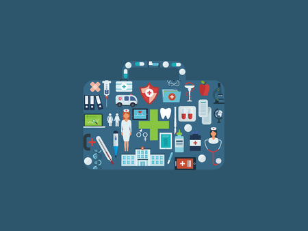 Flat design modern vector illustration concept for healthcare, medical help, medical center and hospital building, online medical services and support.のイラスト素材