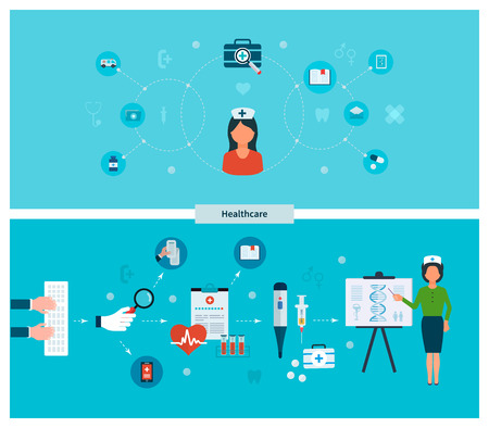 Set of flat design vector illustration concepts for health care, education, online medical services and support. Concept for banners and printed materialsのイラスト素材